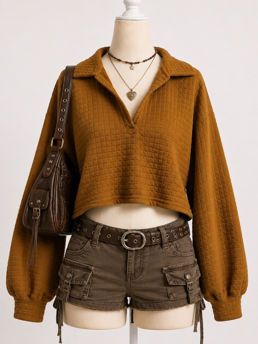 Cropped Quilted Polo Sweater - Mustard